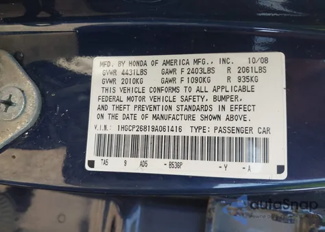 2009 Honda Accord 2.4 Ex-L z USA, uszkodzony, nr VIN 1HGCP26819A061416